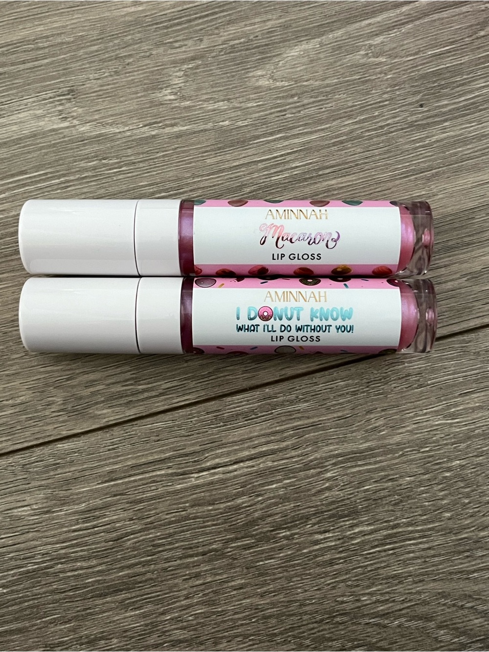 NWT AMINNAH Pink Lip Gloss Duo — I Donut Know & Macaron Shades